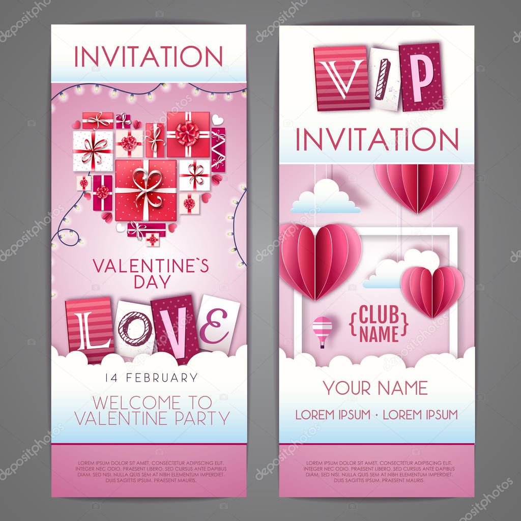 Happy Valentines day invitation design with love hearts. Cut out paper art style design