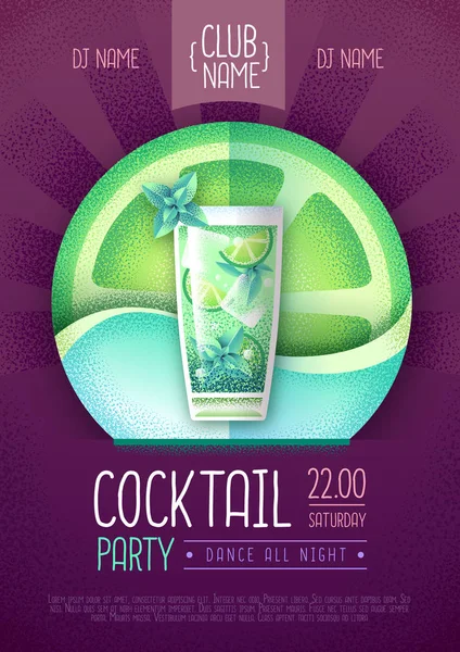 Poster per cocktail disco party. Illustrazione vettoriale texture granulosa — Vettoriale Stock