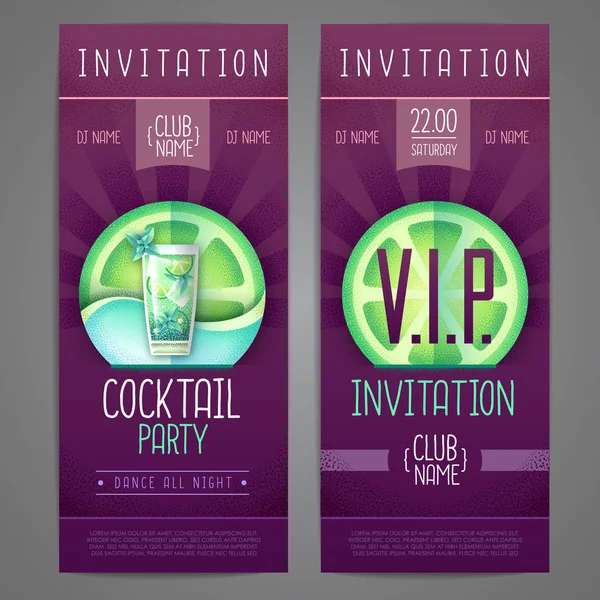 Convite de design. Cartaz de festa de discoteca de cocktail. Ilustração vetorial de textura granulada — Vetor de Stock