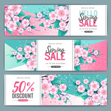 Spring big sale poster with full blossom flowers. Set of Spring sale banners