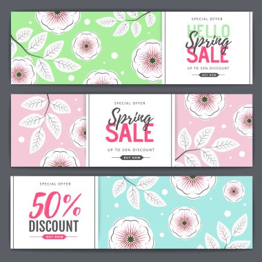 Spring big sale poster with full blossom flowers. Set of Spring sale banners