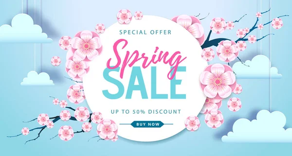Spring big sale poster with full blossom flowers. Spring background — ストックベクタ