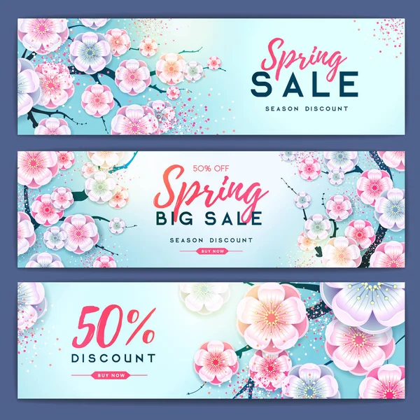 Cartel de gran venta de primavera con flores de flor completa. Conjunto de banners de venta de primavera — Vector de stock