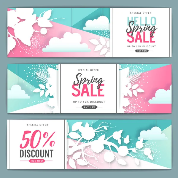 Spring big sale poster. Paper art style design. Set of Spring sale banners — Stock Vector