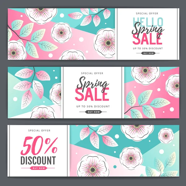 Spring big sale poster with full blossom flowers. Set of Spring sale banners — Stock Vector