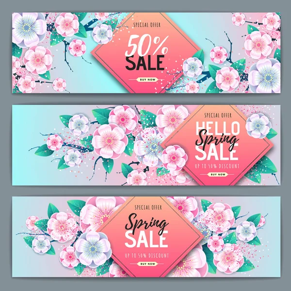 Grande affiche de vente de printemps avec des fleurs pleine fleur. Ensemble de bannières de vente de printemps — Image vectorielle