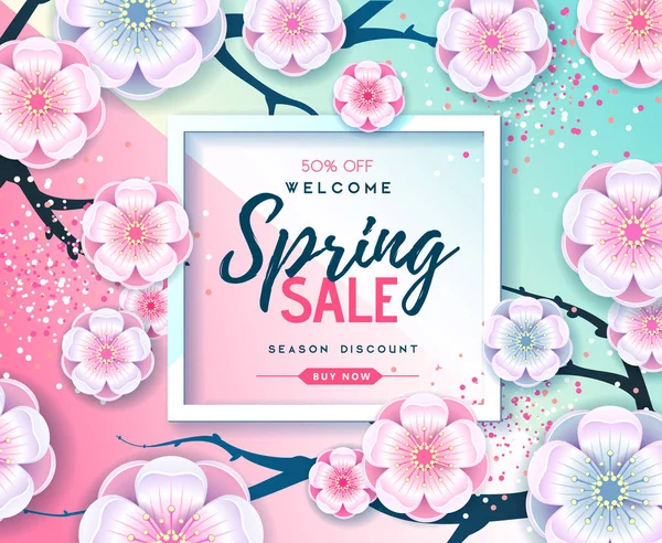 Grande affiche de vente de printemps avec des fleurs pleine fleur. Fonds printanier — Image vectorielle
