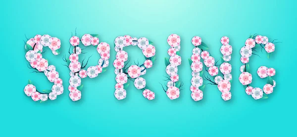 Spring  typography poster with full blossom flowers. Spring background — Stock Vector