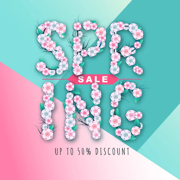 Spring big sale typography poster with full blossom flowers. Spring background — ストックベクタ