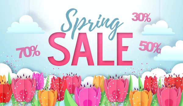 Grande poster di vendita primavera con tulipani in fiore pieno. Primavera fiori carta design — Vettoriale Stock