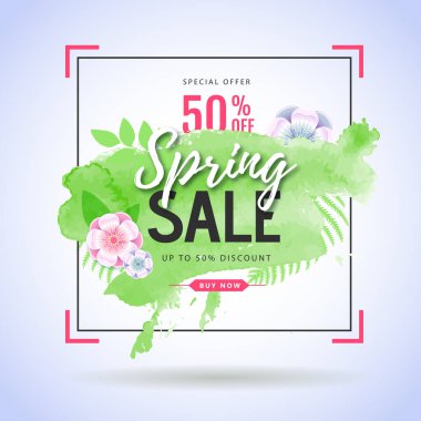 Spring big sale watercolor poster with full blossom flowers. Spring background