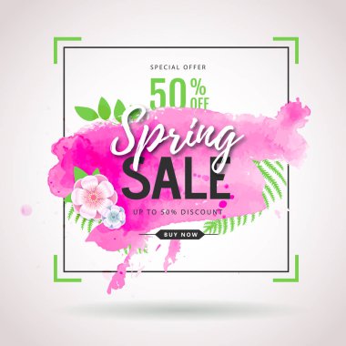 Spring big sale watercolor poster with full blossom flowers. Spring background