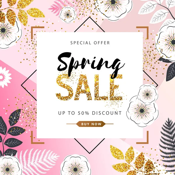 Affiche de vente de printemps avec fleurs pleine fleur et feuilles dorées. Printemps fleurs fond — Image vectorielle