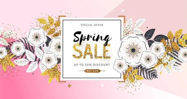 Cartel de venta de primavera con flores de flor completa y hojas doradas. Primavera flores fondo — Archivo Imágenes Vectoriales