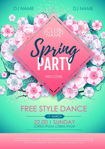 Spring party poster with full blossom flowers. Spring flowers background — 스톡 벡터