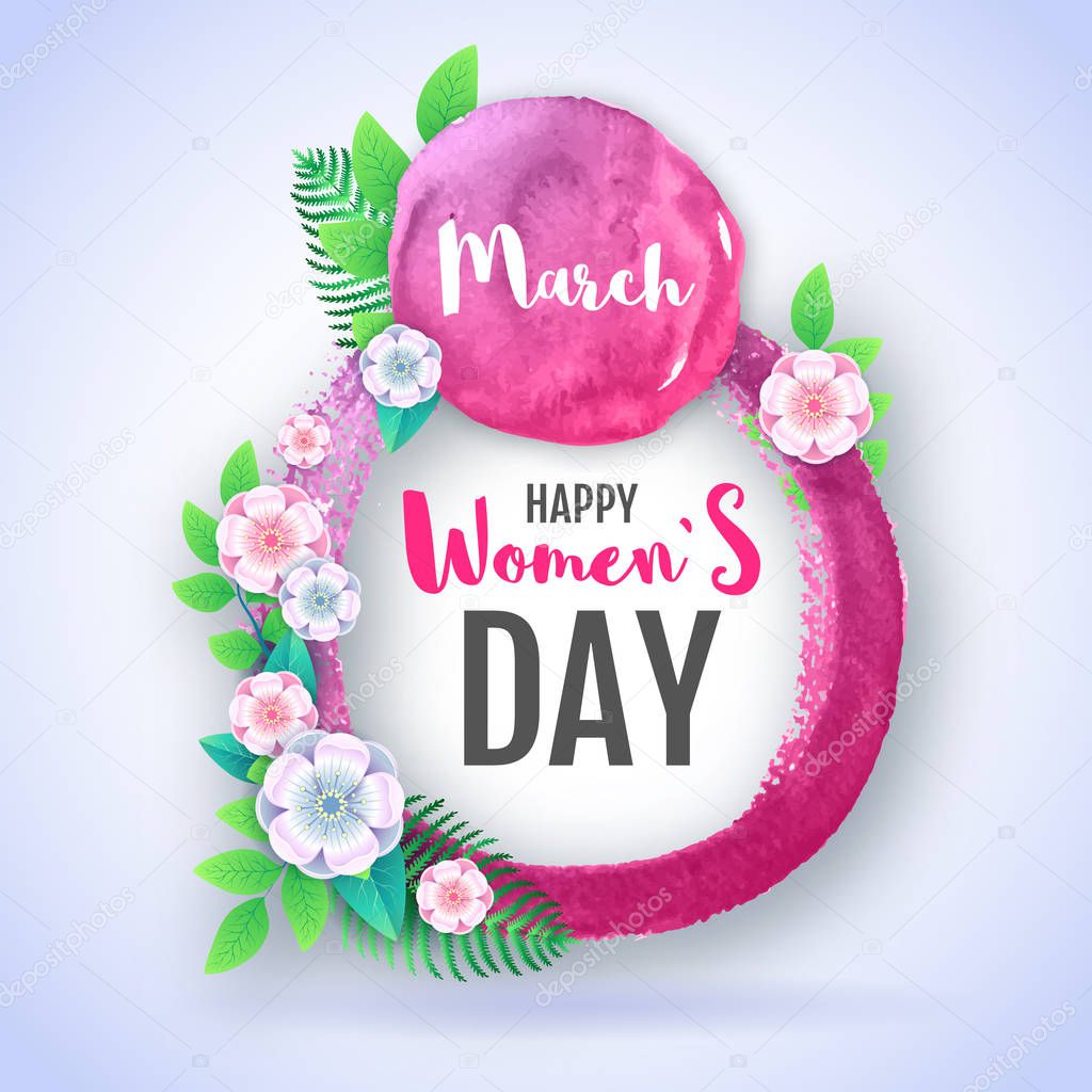 Women`s day poster with full blossom flowers and watercolor painting. Spring flowers background