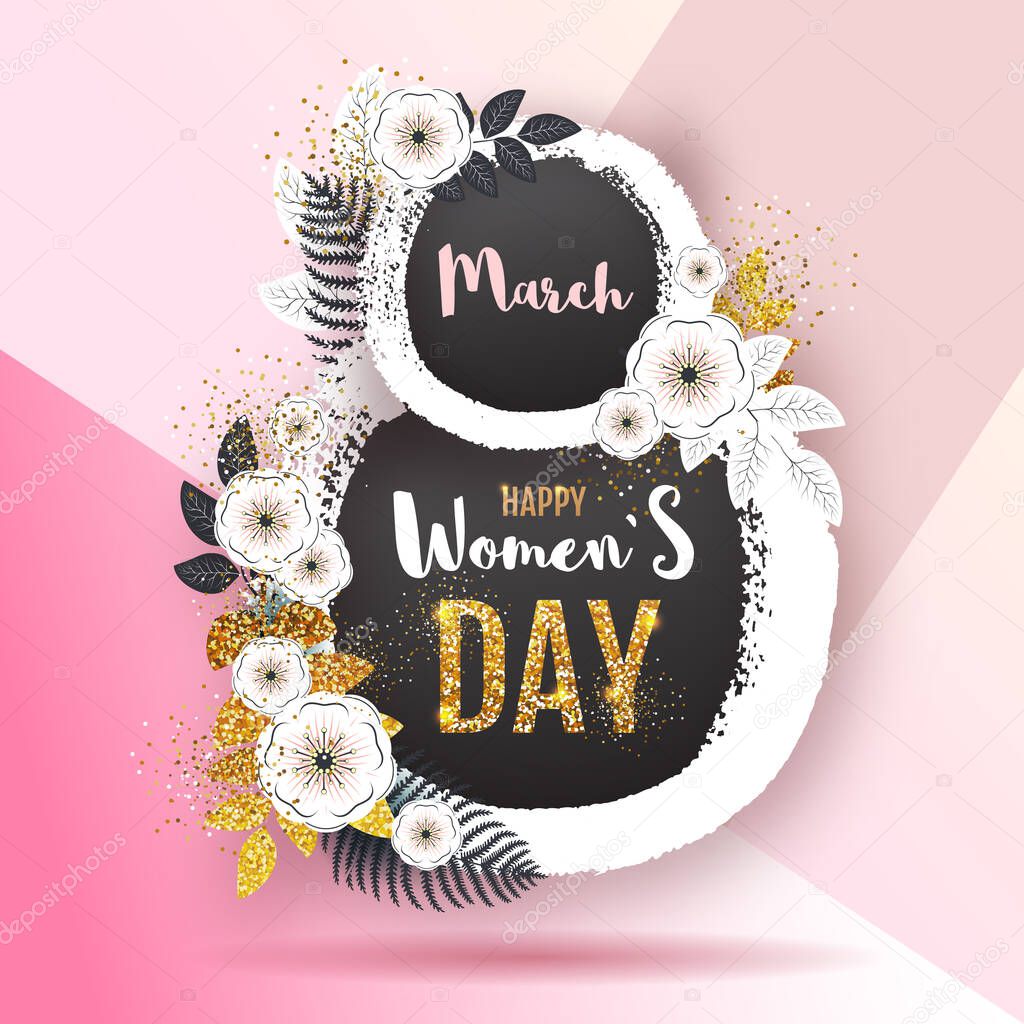 Women`s day poster with full blossom flowers and golden leaves. 8 of march. Spring flowers background