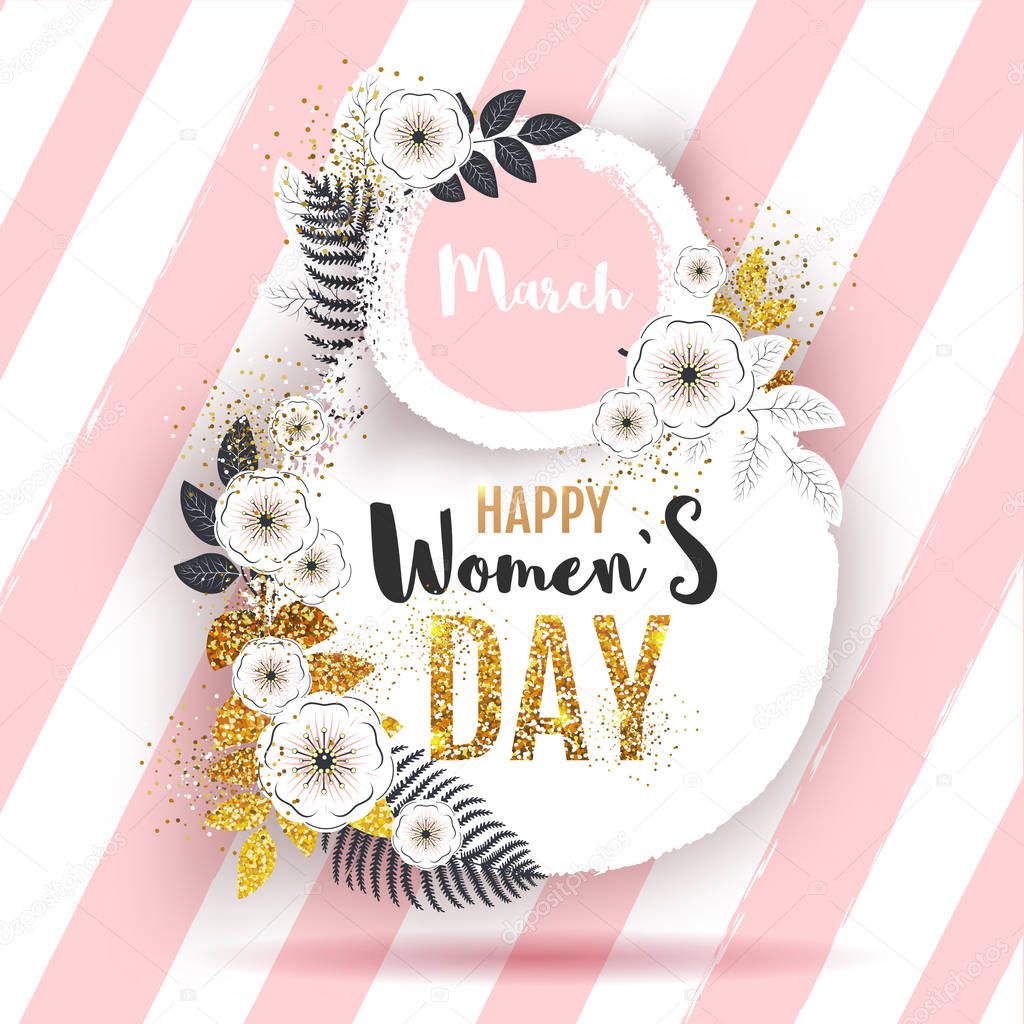 Women`s day poster with full blossom flowers and golden leaves. 8 of march. Spring flowers background