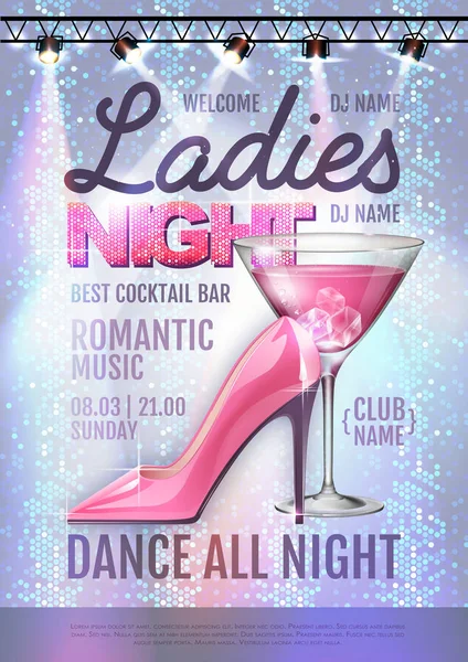 Disco ball background. Disco party poster ladies night. Womens day party — Stok Vektör