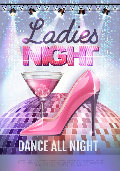 Disco ball background. Disco party poster ladies night. Womens day party — Stock Vector