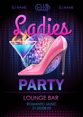 Disco ball background. Disco ladies party poster with cocktail. Womens day party