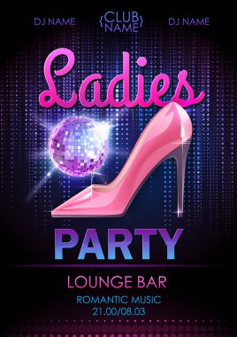 Disco ball background. Disco ladies party poster. Womens day party