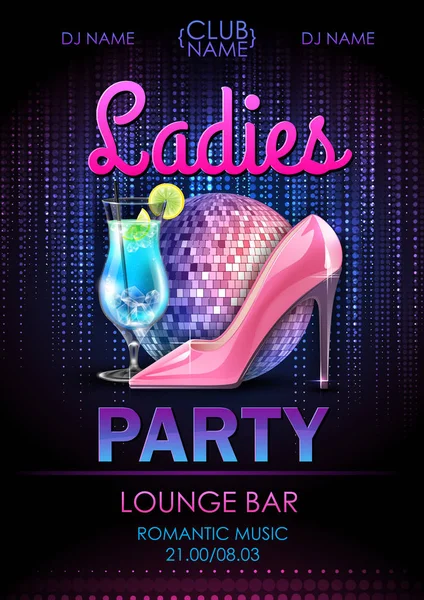 Disco ball background. Disco ladies party poster with cocktail. Womens day party — Stock Vector