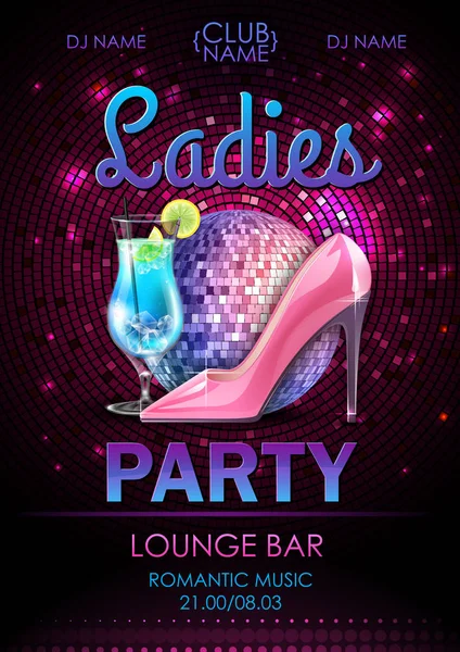 Disco ball background. Disco ladies party poster with cocktail. Womens day party — Stockvector