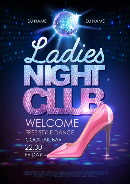 Disco ball background. Disco party poster ladies night club. Womens day party — Stockvector