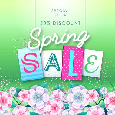 Bahar indirimi tipografi posteri, çiçek dolu. Bahar arkaplanı