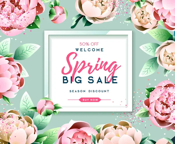 Spring Sale Poster Full Blossom Pion Flowers Spring Flowers Background — Stock Vector