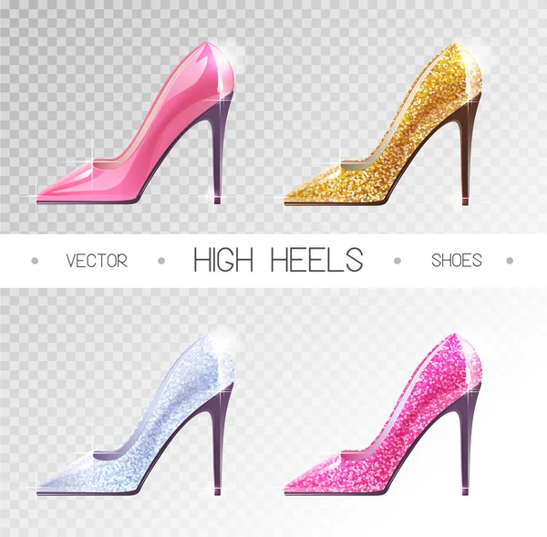 Set Ladies Disco High Heels Shoes Isolated Transparent Background Vector — Stock Vector