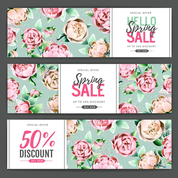 Spring Big Sale Poster Full Blossom Peony Flowers Set Spring — Stock Vector