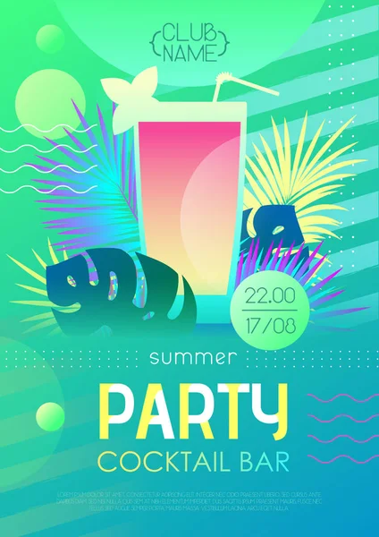 Sommerdisco Cocktail Party Poster Mit Tropischen Pflanzen Und Geometrischen Elementen — Stockvektor