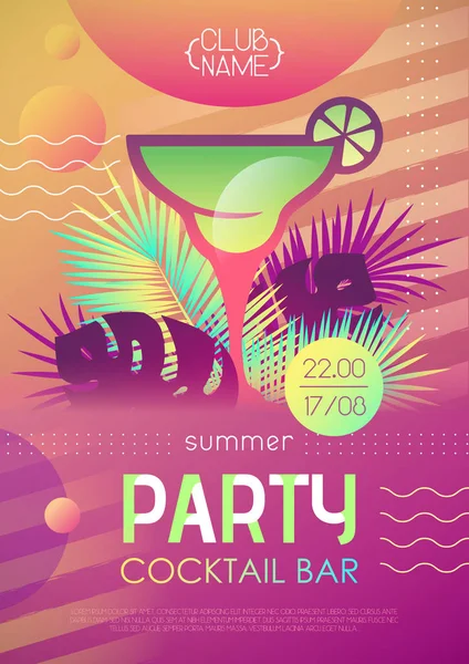 Summer Disco Cocktail Party Poster Tropic Plants Geometric Elements Summertime — Stock Vector