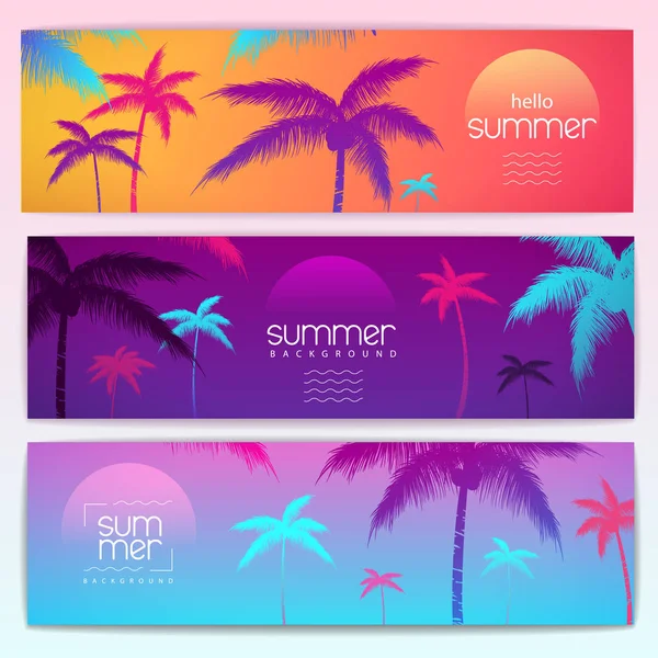 Set Colorful Summer Tropical Gradient Banners Fluorescent Tropic Plants Summertime — Stock Vector