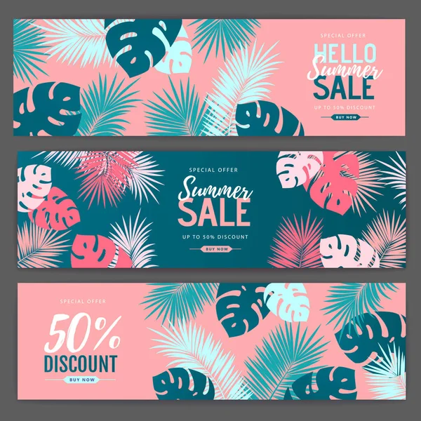 Set Summer Sale Posters Tropic Leaves Flamingo Summer Background — Stock Vector