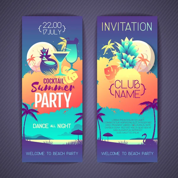 Set Kleurrijke Zomer Cocktail Party Posters Met Fluorescerende Tropische Bladeren — Stockvector