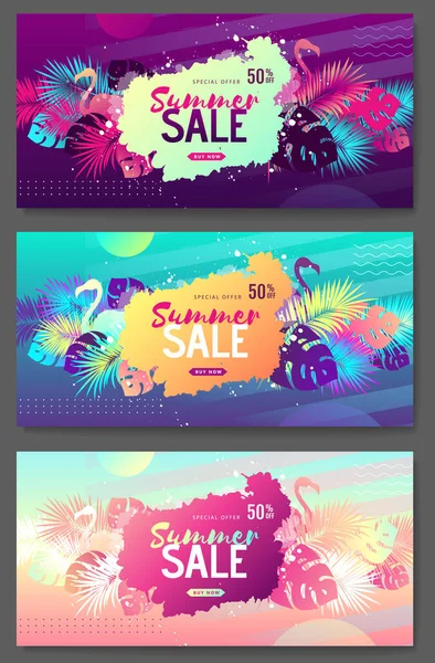 Set Colorful Summer Big Sale Tropical Gradient Banners Fluorescent Tropic — Stock Vector