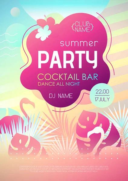 Colorful Summer Disco Party Poster Fluorescent Tropic Leaves Flamingo Summertime — Stock Vector