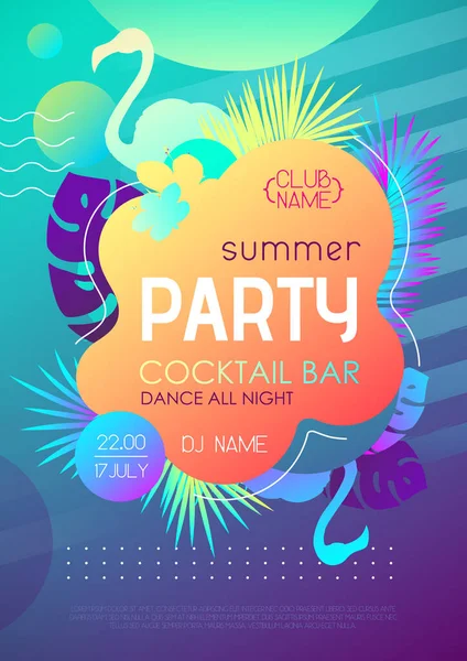 Colorful Summer Disco Party Poster Fluorescent Tropic Leaves Flamingo Summertime — Stock Vector