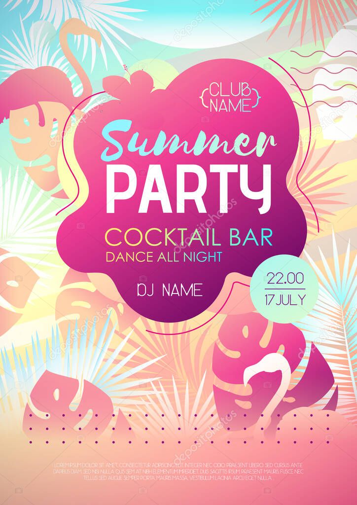 Colorful summer disco party poster with fluorescent tropic leaves and flamingo. Summertime background