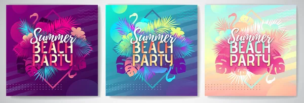 Sada Barevných Letních Plakátů Pláži Fluorescenčními Tropickými Listy Plameňákem Pozadí — Stockový vektor