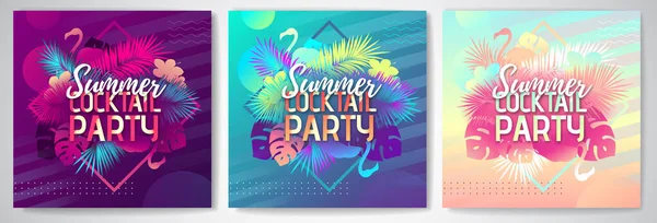 Set Colorful Summer Cocktail Party Posters Fluorescent Tropic Leaves Flamingo — Stock Vector