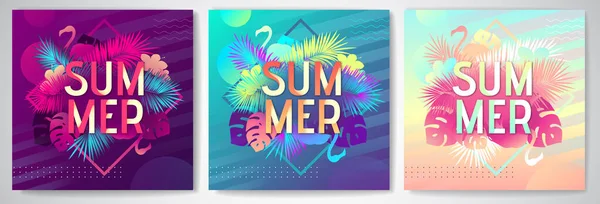 Sada Barevných Letních Plakátů Fluorescenčními Tropickými Listy Plameňákem Pozadí Léta — Stockový vektor