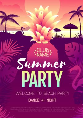 Floresan tropik yaprakları, ananası ve flamingosuyla renkli bir disko partisi posteri. Yaz mevsimi plaj geçmişi