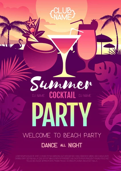 Barevný Letní Plakát Diskotéce Fluorescenčními Tropickými Listy Plameňákem Summertime Pláž — Stockový vektor