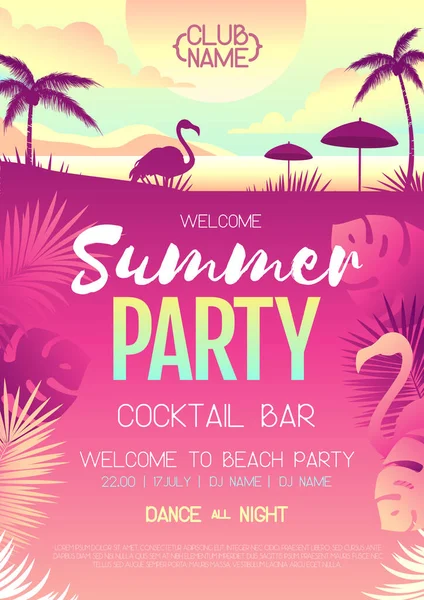 Buntes Sommerdisco Party Poster Mit Fluoreszierenden Tropischen Blättern Und Flamingo — Stockvektor