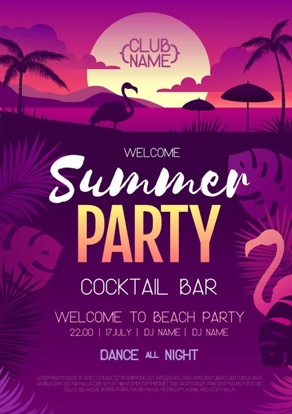 Buntes Sommerdisco Party Poster Mit Fluoreszierenden Tropischen Blättern Und Flamingo — Stockvektor