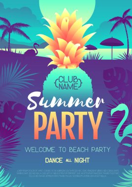 Floresan tropik yaprakları, ananası ve flamingosuyla renkli bir disko partisi posteri. Yaz mevsimi plaj geçmişi